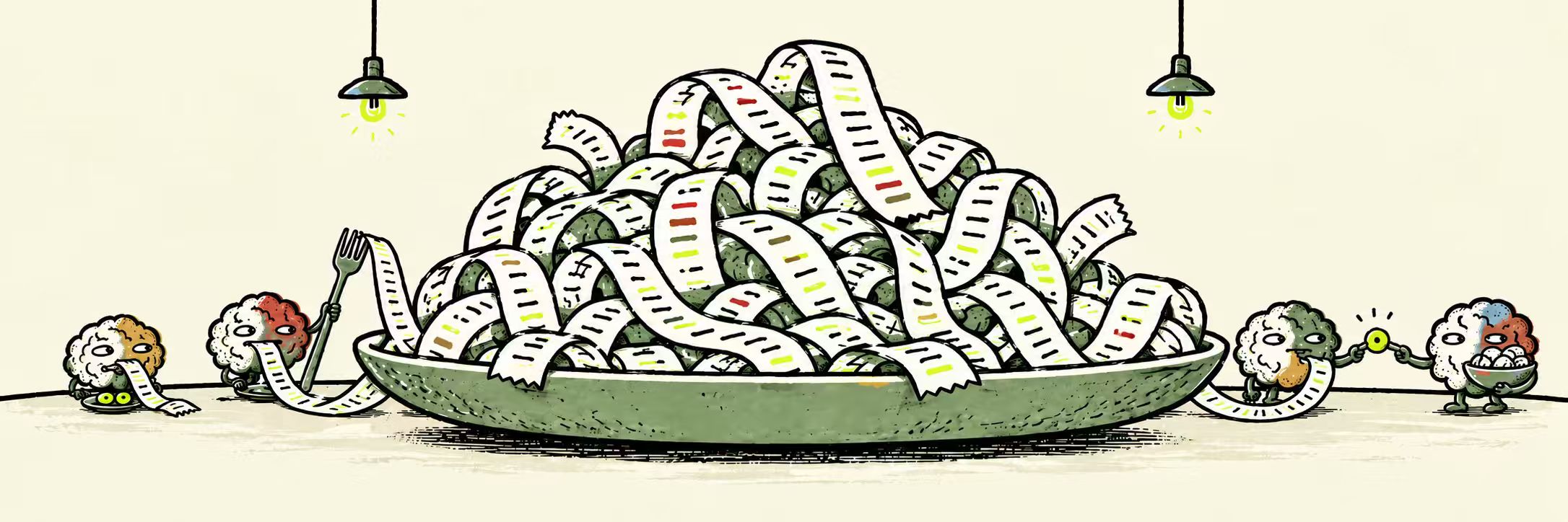 Hand-drawn little brains gather around a feast of long research receipts.